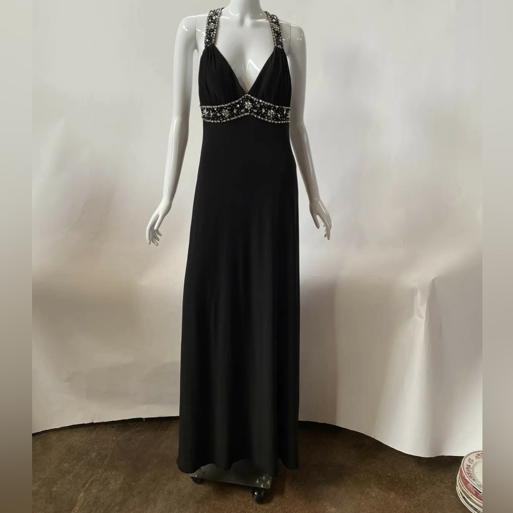 Xscape By Joanna Chen Womens Gown Dress Black Plunge Neck Embellished Size 10P